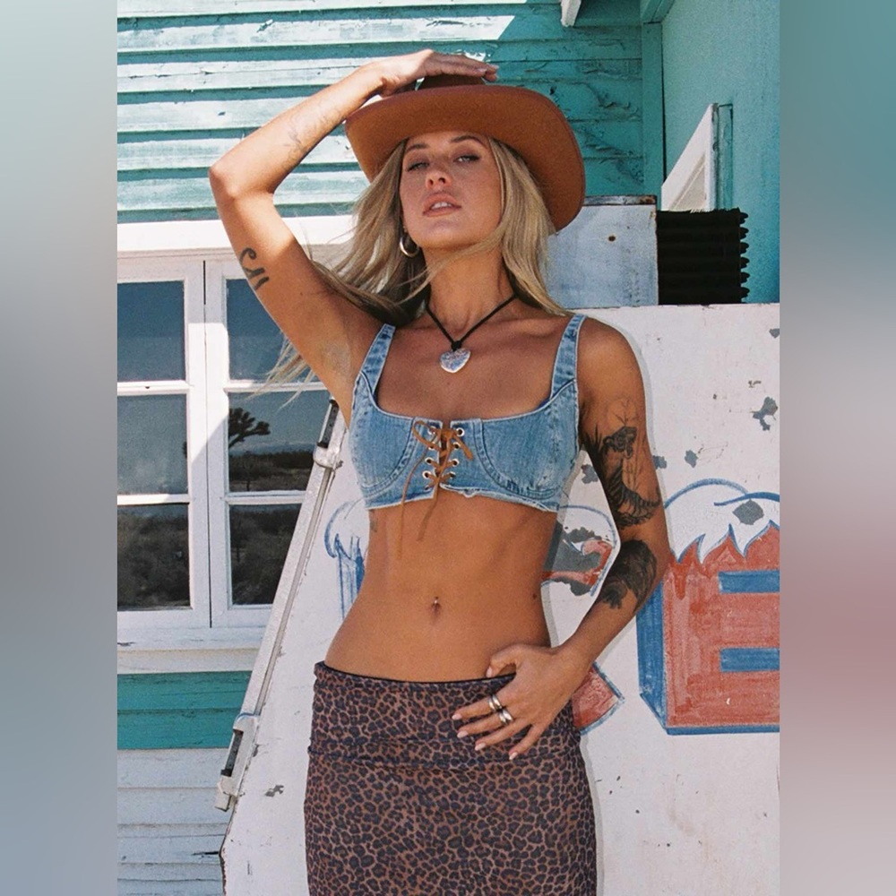 MARAH DENIM LACE UP TOP MID BLUE Princess Polly